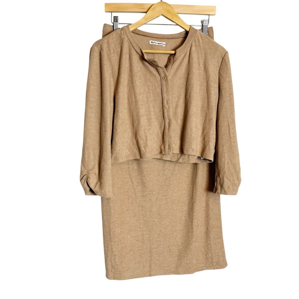 Reformation Janice Buff Beige 3 Piece Cardigan Sweater Midi Skirt Set Size XL - Picture 5 of 14